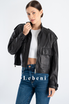 Short Bomber Leather Jacket - Seasonal Genuine Lambskin Jacket with Large Pockets