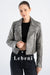 Women's Distressed Gray Lambskin Leather Biker Jacket - Zipper Pocket Details, Vintage Look, Slim Fit