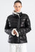 Women's Soft Lambskin Leather Black Puffer Jacket with Fur Trim