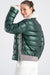 Women's Soft Lambskin Leather Metallic Green Puffer Jacket with Fur Trim
