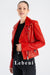 Women's Red Genuine Lamb Leather Biker Jacket - Short Design with Silver Zipper Details