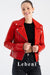 Women's Red Genuine Lamb Leather Biker Jacket - Short Design with Silver Zipper Details
