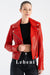 Women's Red Genuine Lamb Leather Biker Jacket - Short Design with Silver Zipper Details