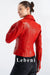 Women's Red Genuine Lamb Leather Biker Jacket - Short Design with Silver Zipper Details