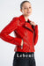 Women's Red Genuine Lamb Leather Biker Jacket - Short Design with Silver Zipper Details