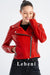 Women's Red Genuine Lamb Leather Biker Jacket - Short Design with Silver Zipper Details