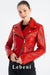 Women's Red Genuine Lamb Leather Biker Jacket - Short Design with Silver Zipper Details